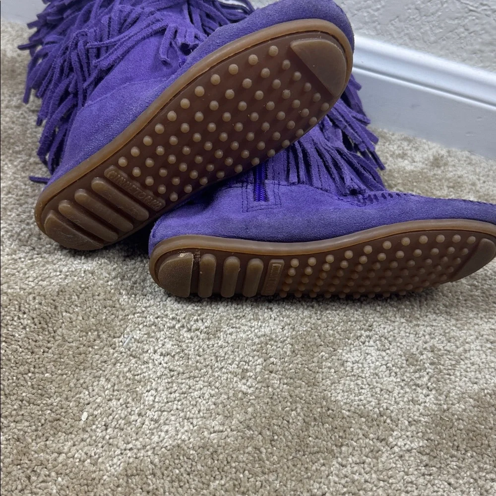 Minnetonka 3-Layer Fringe Purple Suede‎ Moccasin Boots 2654S Womens 13 Kids 13
